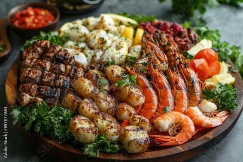 A variety of seafood mix grill on a large platter. King prawns, crab phalanges, Fillet fish, Shrimps, Kofta Shrimps - generative ai