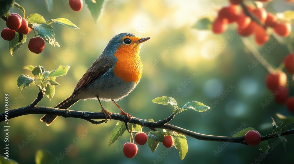 Robin perched on a tree branch, surrounded by lush green and red Acer leaves. Sunlit springtime scene with colorful feathers and peaceful backyard wildlife. Perfect for nature, wildlife Robin perched on a tree branch, surrounded by lush green and red Acer leaves. Sunlit springtime scene with colorful feathers and peaceful backyard wildlife. Perfect for nature, wildlife