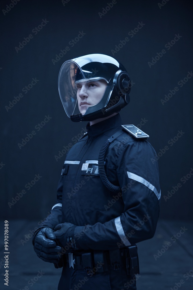 Futuristic Law Enforcement Officer: A portrait of a serious, determined officer in a high-tech, sleek uniform and helmet, standing against a dark background. Futuristic Law Enforcement Officer: A portrait of a serious, determined officer in a high-tech, sleek uniform and helmet, standing against a dark background.