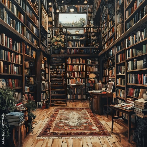 A cozy library with wooden shelves, a rug, a table and a ladder.