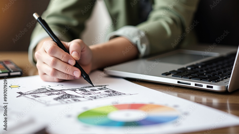 Designer drawing in a paper photo Designer drawing in a paper photo