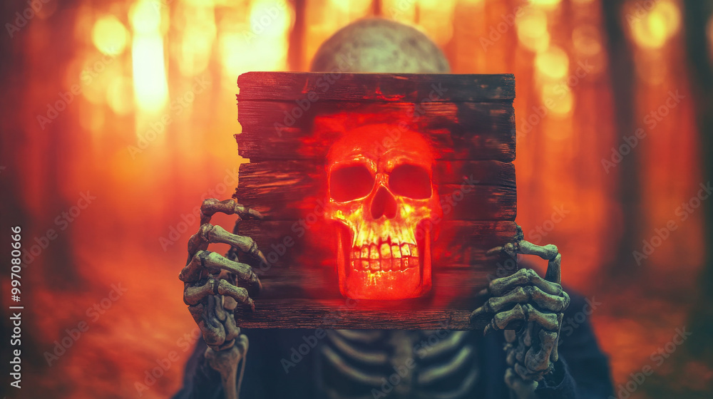 Skeleton holding a wooden sign with a fiery skull, Halloween concept. Skeleton holding a wooden sign with a fiery skull, Halloween concept.