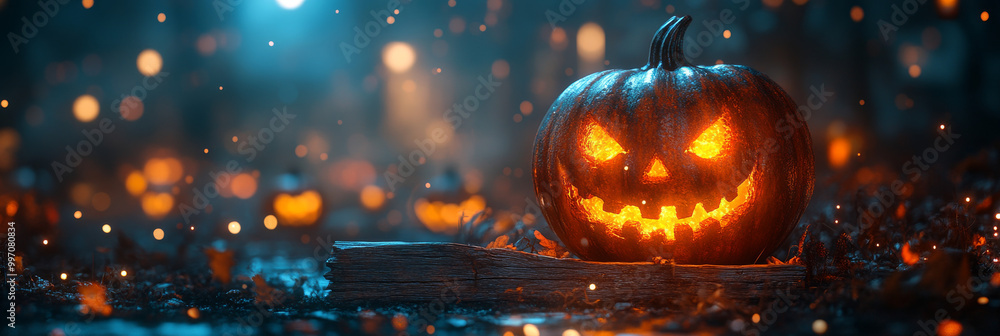 A lit jack-o'-lantern with an evil grin sits on a log in a dark forest. A lit jack-o'-lantern with an evil grin sits on a log in a dark forest.