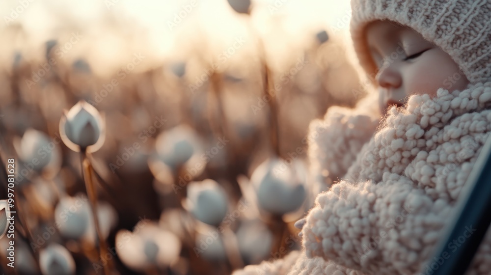 A child dressed warmly in a textured, cream sweater and hat, seated comfortably among white tulips in a sunlit field, creating a serene and peaceful ambiance. A child dressed warmly in a textured, cream sweater and hat, seated comfortably among white tulips in a sunlit field, creating a serene and peaceful ambiance.