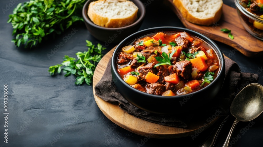 Hearty Vegetable and Meat Stew in a Rustic Setting Hearty Vegetable and Meat Stew in a Rustic Setting