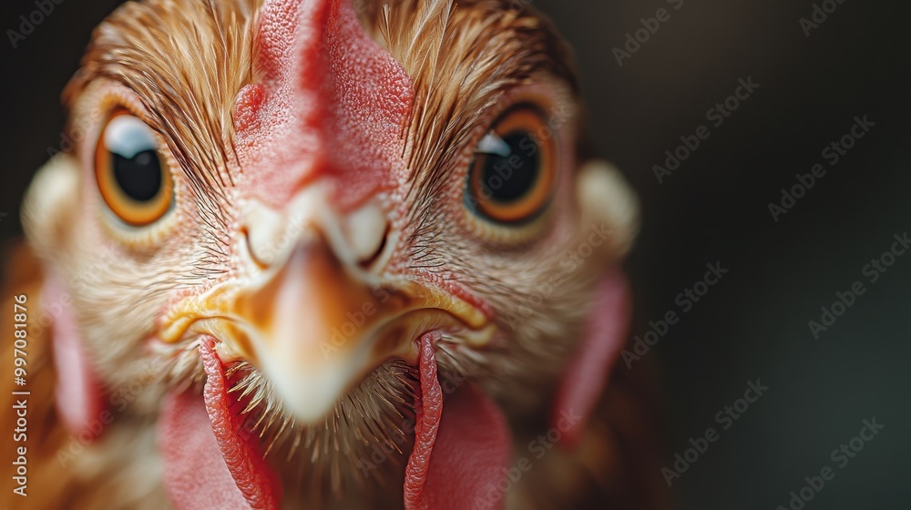 An extreme close-up shot of a chicken's face, capturing its sharp gaze and detailed feathers, highlighting the intensity and personality of the bird. An extreme close-up shot of a chicken's face, capturing its sharp gaze and detailed feathers, highlighting the intensity and personality of the bird.
