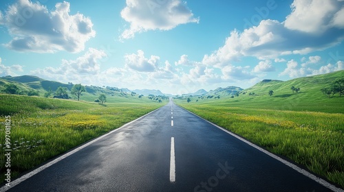 Wide open road leading into the horizon with clear blue sky and white clouds