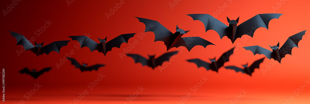 A flock of paper bats fly against a red background. A flock of paper bats fly against a red background.