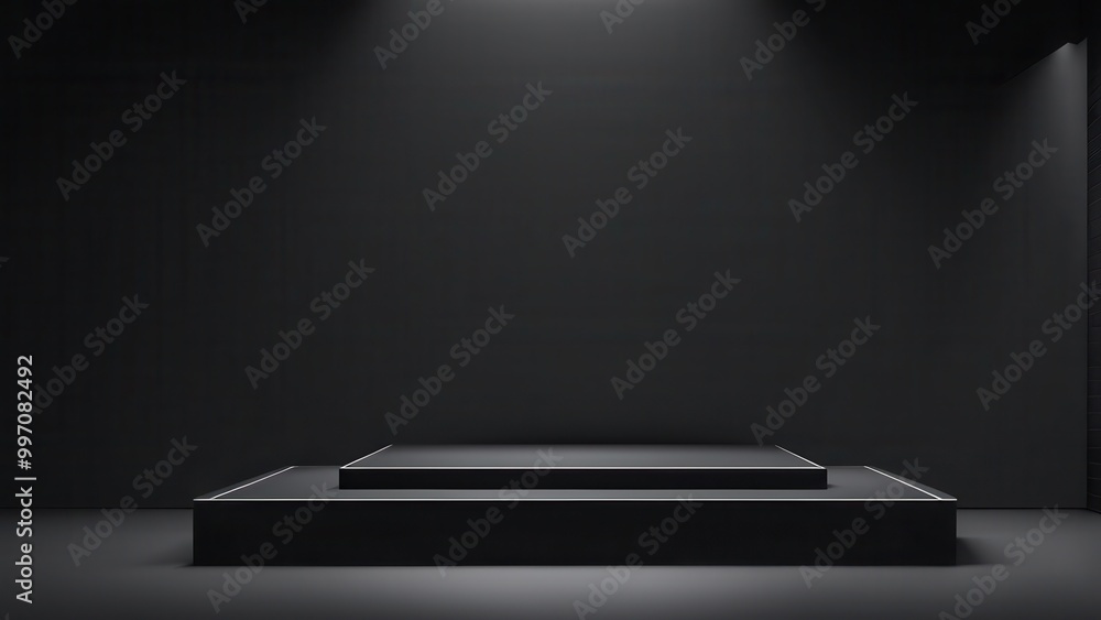 A minimalist black platform set against a dark backdrop, illuminated by soft lighting. A minimalist black platform set against a dark backdrop, illuminated by soft lighting.