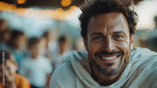 A charismatic man with a broad smile stands against a background of twinkling lights. The ambiance is festive, and he radiates warmth and friendliness.