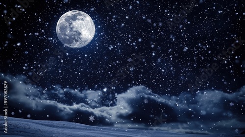 A dark winter night sky adorned with softly falling snowflakes, illuminated by a full moon. This scene creates a magical and serene winter landscape, perfect for seasonal backgrounds.