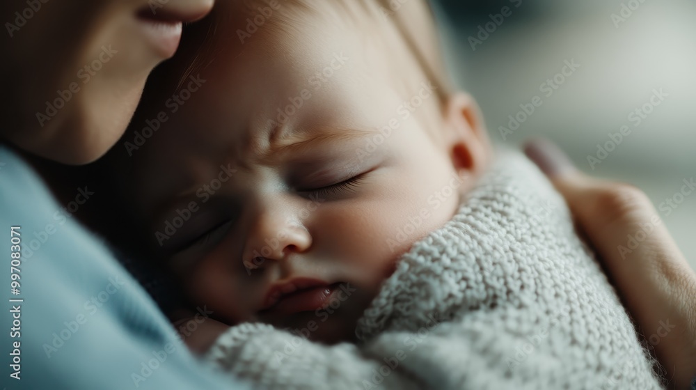 A touching depiction of a mother holding her newborn baby, wrapped in a knit hat and blanket, illustrating the warmth, love, and tenderness of mother-child bonding. A touching depiction of a mother holding her newborn baby, wrapped in a knit hat and blanket, illustrating the warmth, love, and tenderness of mother-child bonding.