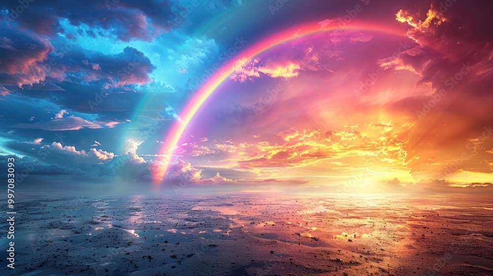 rainbow arcs across a bright blue sky with fluffy white clouds. Vivid, colorful scene captures the serene beauty of a summer day after rain. Perfect for nature, abstract, and sky backgrounds rainbow arcs across a bright blue sky with fluffy white clouds. Vivid, colorful scene captures the serene beauty of a summer day after rain. Perfect for nature, abstract, and sky backgrounds