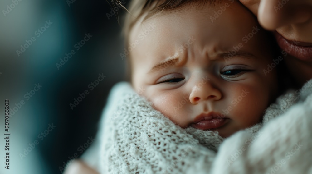 A baby, wrapped snugly in a thick knitted blanket, frowns slightly as they gaze towards their guardian, embodying curiosity, warmth, and familial love. A baby, wrapped snugly in a thick knitted blanket, frowns slightly as they gaze towards their guardian, embodying curiosity, warmth, and familial love.