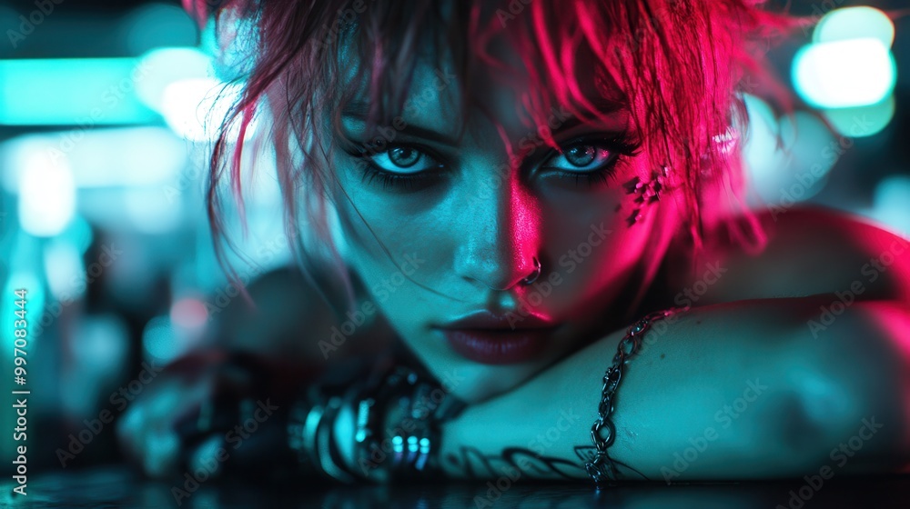 A striking image of a woman with edgy makeup and piercing gaze, surrounded by vibrant neon lights, depicting modern rebellion and artistic expression. A striking image of a woman with edgy makeup and piercing gaze, surrounded by vibrant neon lights, depicting modern rebellion and artistic expression.