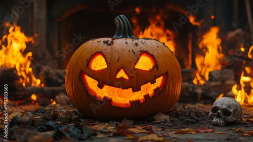 A carved pumpkin with a glowing face sits before a roaring fire.