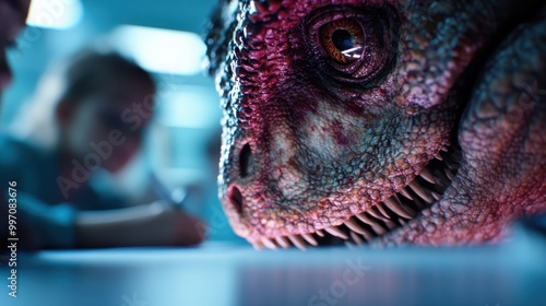 Fototapeta Naklejka Na Ścianę i Meble -  A mesmerizing image showing a dinosaur closely inspecting a child in a school environment, blending elements of fantasy and reality for an imaginative learning experience.