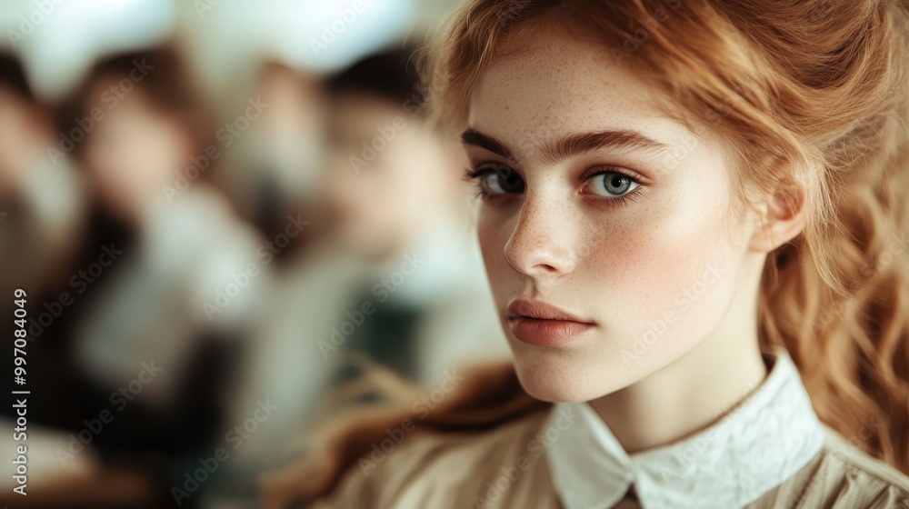A young woman in a classroom with an inquisitive expression, looking sideways, capturing a moment of thoughtfulness amidst a group setting conveying curiosity. A young woman in a classroom with an inquisitive expression, looking sideways, capturing a moment of thoughtfulness amidst a group setting conveying curiosity.