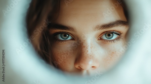 A captivating close-up of a person's intense blue eyes surrounded by freckles, as they gaze through a small circular opening, exuding mystery and curiosity. photo