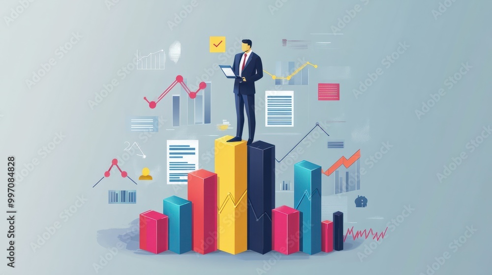 Vector creative illustration of business graphics, the company is engaged in the joint construction of column graphs, the rise of the career to success, flat color icons, business analysis concept in. Vector creative illustration of business graphics, the company is engaged in the joint construction of column graphs, the rise of the career to success, flat color icons, business analysis concept in.