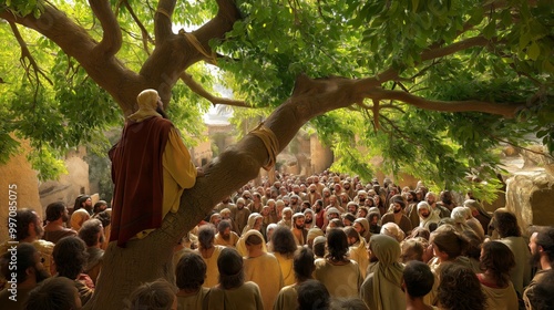 A vibrant scene of Zacchaeus perched in the branches of a sycamore-fig tree, watching Jesus photo