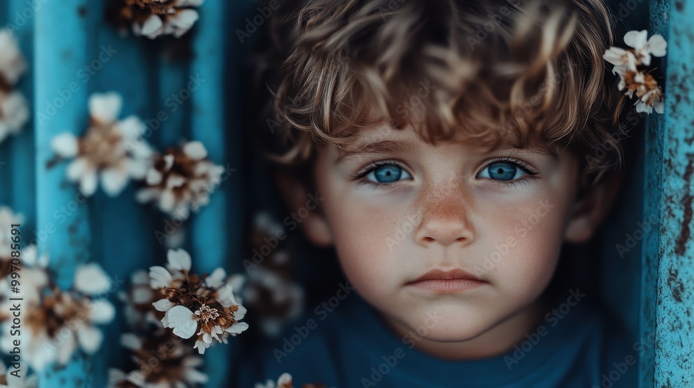 A young child gazes intensely surrounded by white blossoms against an artistic blue background, highlighting innocence and tranquility in nature's beauty. A young child gazes intensely surrounded by white blossoms against an artistic blue background, highlighting innocence and tranquility in nature's beauty.