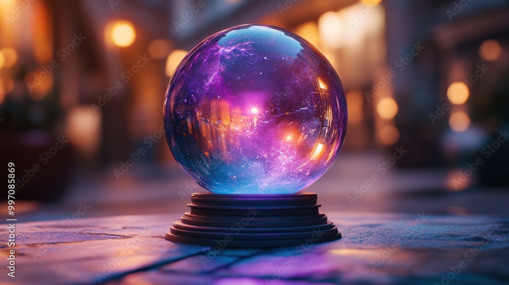 Mystical glowing crystal ball surrounded by ethereal mist in blue and purple hues Mystical glowing crystal ball surrounded by ethereal mist in blue and purple hues