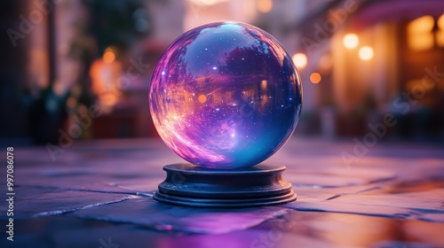 Mystical glowing crystal ball surrounded by ethereal mist in blue and purple hues photo