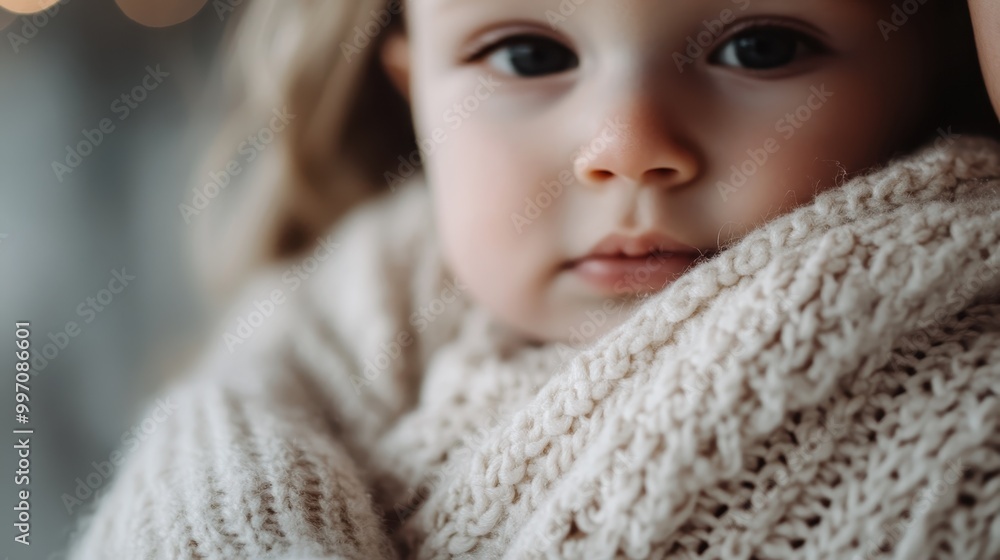 A captivating close-up of an adorable baby wrapped in soft, knitted fabric, showcasing innocence, warmth, and the cozy comfort of simple, heartfelt moments. A captivating close-up of an adorable baby wrapped in soft, knitted fabric, showcasing innocence, warmth, and the cozy comfort of simple, heartfelt moments.