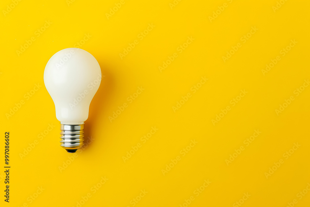 Light bulb is sitting on a yellow background. The light bulb is white and has a gold base Light bulb is sitting on a yellow background. The light bulb is white and has a gold base