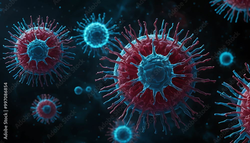 Obraz premium Futuristic Visualization of Mpox (monkeypox) Virus Mutation Sci-Fi Aesthetic Depicting Mid-Transformation with Shifting Surface Proteins, Genetic Changes, and Digital Effects