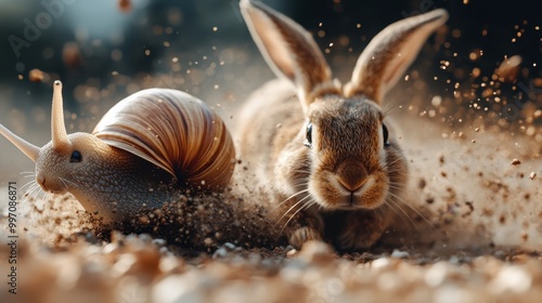 Energetic bunny caught in a dramatic moment of action, sprinting beside a slowly moving snail, dust flying around, symbolizing dynamism and the contrasts in speed and life's race. photo