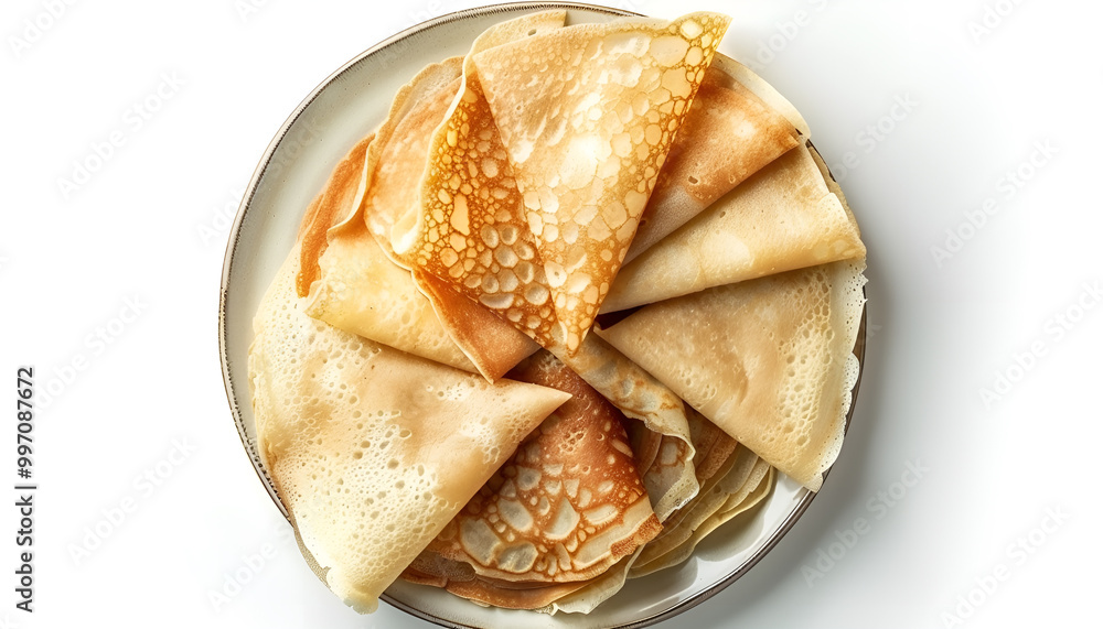Stack of delicious crepes on plate against white background, top view Stack of delicious crepes on plate against white background, top view