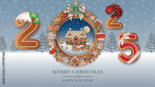 christmas greeting card with gingerbread cookies. 2025 new year background 
