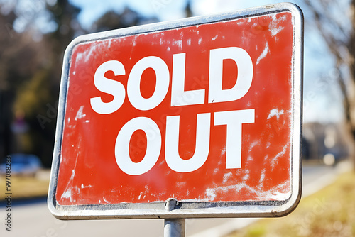 a plate with an inscription SOLD  OUT , symbolizing unavailable products or tickets due to high demand.