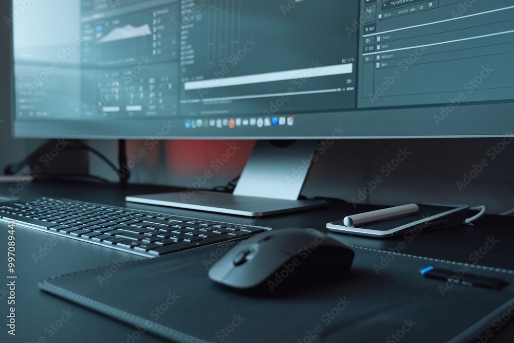 Fototapeta premium Digital Workspace: Sleek and modern workspace setup featuring a large monitor displaying data graphs, a wireless keyboard, mouse, smartphone, and stylus. Perfect for illustrating technology.