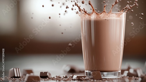 A dynamic shot capturing a splash of chocolate milk in a glass, surrounded by scattered pieces of chocolate, depicting deliciousness and a sense of indulgence. photo