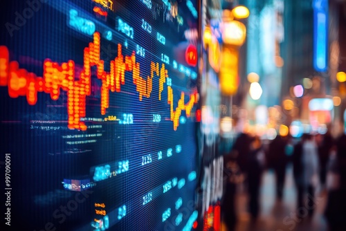 A bustling display of stock market data showing trends and metrics in a high-energy financial environment. photo