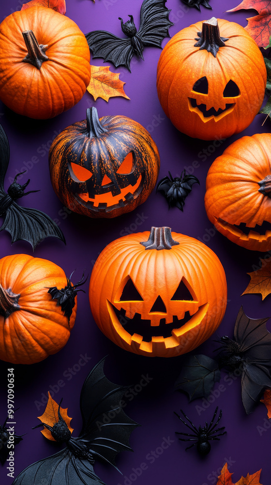 Spooky Jack-o'-lanterns & bats on a purple background. Spooky Jack-o'-lanterns & bats on a purple background.