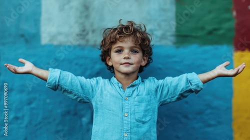 Open-armed boy with curly hair in a denim shirt stands against a vibrant, blue abstract art mural, expressing openness, freedom, and artistic creativity. photo