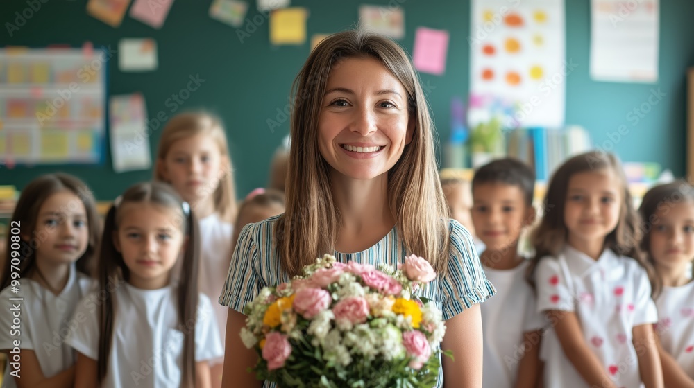 Happy school time. Portrait of first grade students with their female class teacher on first day of school. Happy school time. Portrait of first grade students with their female class teacher on first day of school.
