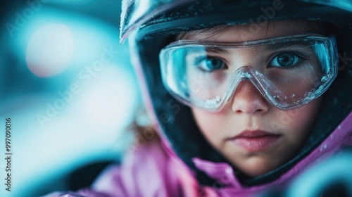 Intense, close-up profile of a young skier, eyes focused through frosty goggles, in a snow-filled setting, capturing determination, focus, and winter sports. photo