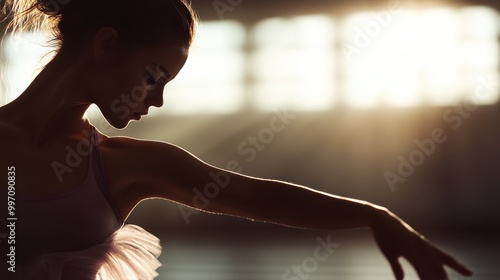 A ballet dancer in a tutu, captured mid-movement with elongated arms, dances gracefully in soft, warm light, highlighting the elegance and artistic expression of ballet. photo