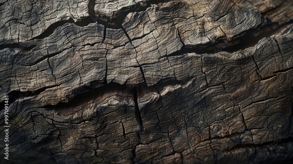 A richly textured surface of weathered wood, with deep grains and complex patterns A richly textured surface of weathered wood, with deep grains and complex patterns