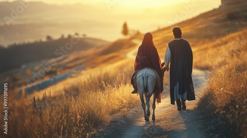  Mary riding on a donkey, and Joseph walking beside, leading the donkey along a winding road towards Bethlehem.