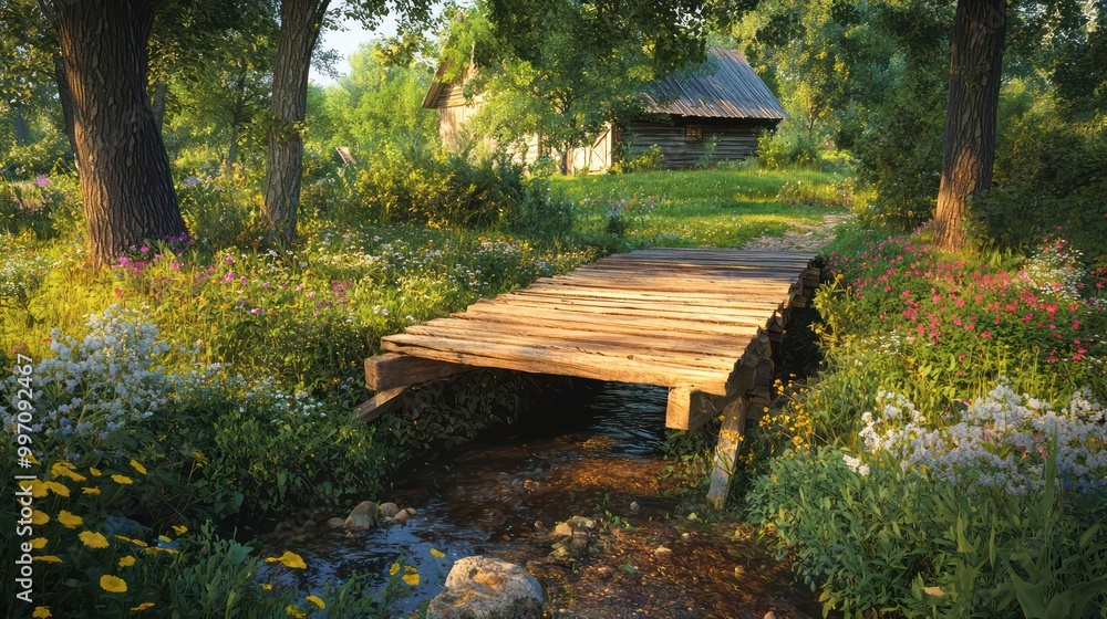 A rustic wooden bridge crossing a small stream on a farmhouse property, surrounded by mature trees and wildflowers A rustic wooden bridge crossing a small stream on a farmhouse property, surrounded by mature trees and wildflowers