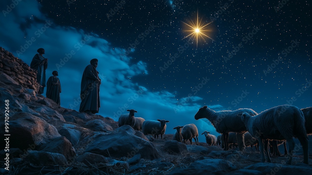 Heavenly Star over Bethlehem, Christian concept, Shepherds, magicians Heavenly Star over Bethlehem, Christian concept, Shepherds, magicians