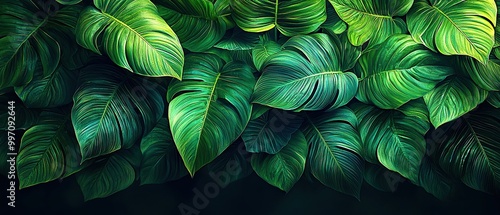 Lush green tropical leaves with intricate veins and patterns create a vibrant and textured background.