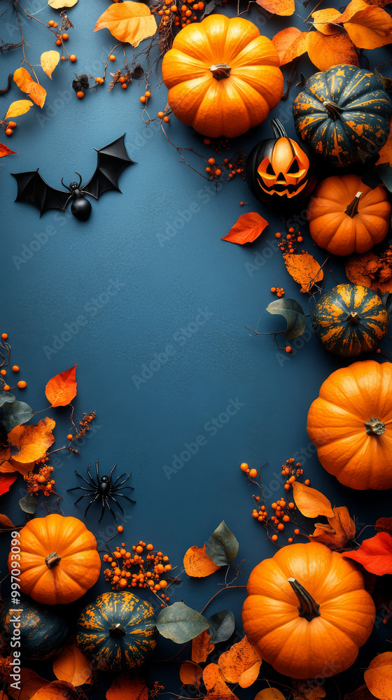 Pumpkins, leaves, and spiders create a festive Halloween border. Pumpkins, leaves, and spiders create a festive Halloween border.