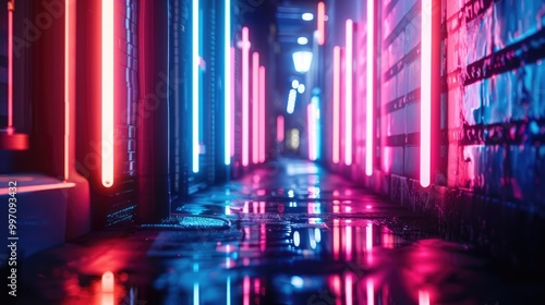A vibrant composition of glowing neon lights  captured in a dark urban setting